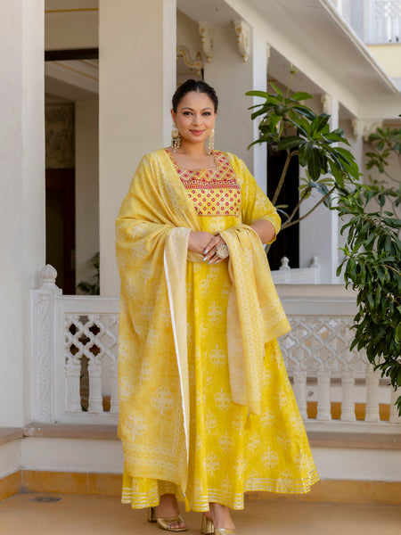 Elegant Yellow Cotton Embroidered Anarkali With Dupatta Set (Plus Size)