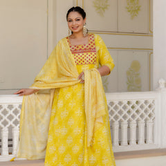 Elegant Yellow Cotton Embroidered Anarkali With Dupatta Set (Plus Size)