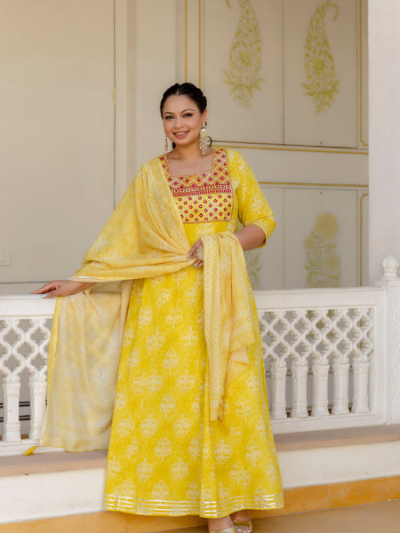Elegant Yellow Cotton Embroidered Anarkali With Dupatta Set (Plus Size)