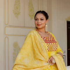 Elegant Yellow Cotton Embroidered Anarkali With Dupatta Set (Plus Size)