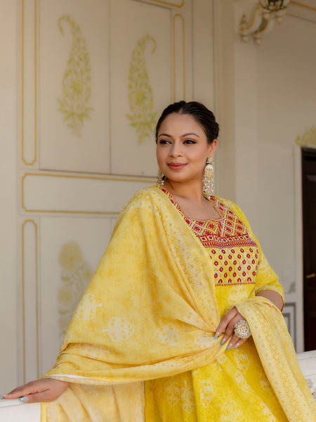 Elegant Yellow Cotton Embroidered Anarkali With Dupatta Set (Plus Size)