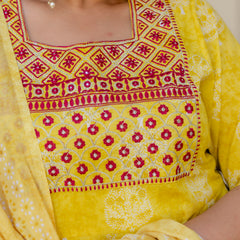 Elegant Yellow Cotton Embroidered Anarkali With Dupatta Set (Plus Size)