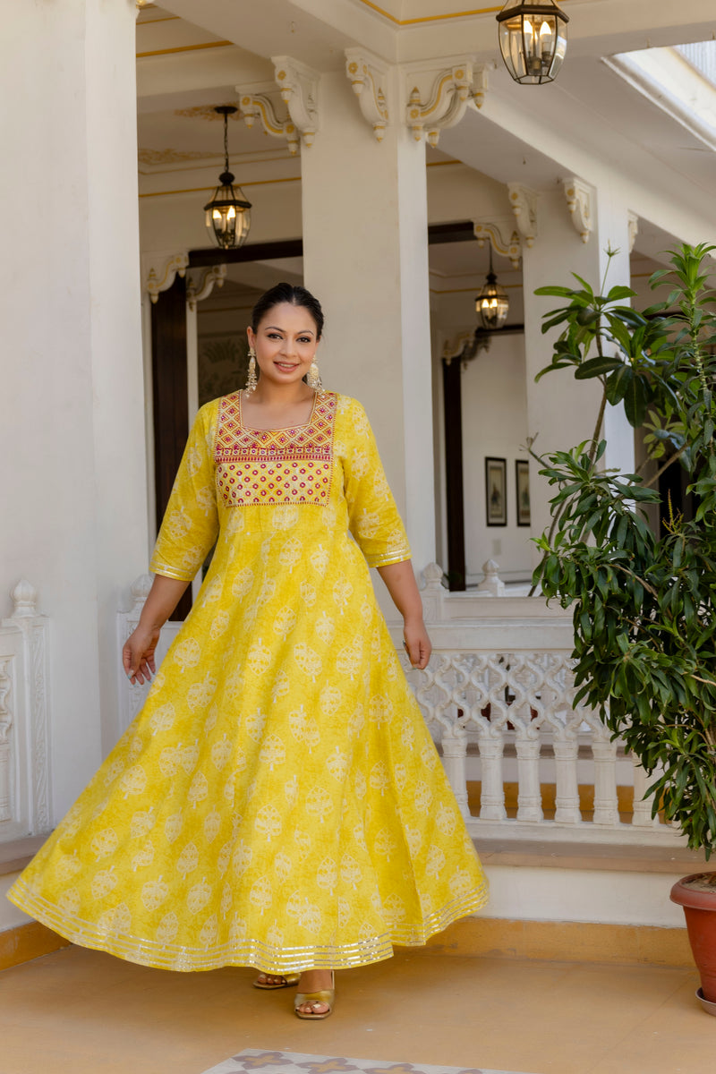 Elegant Yellow Cotton Embroidered Anarkali With Dupatta Set (Plus Size)