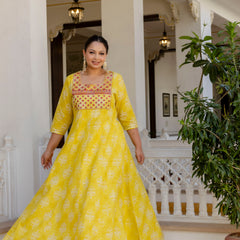 Elegant Yellow Cotton Embroidered Anarkali With Dupatta Set (Plus Size)