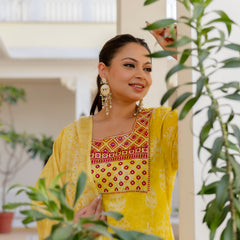 Elegant Yellow Cotton Embroidered Anarkali With Dupatta Set (Plus Size)