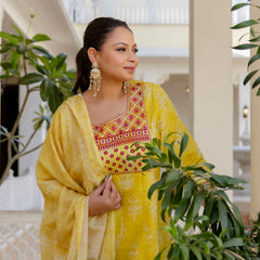 Elegant Yellow Cotton Embroidered Anarkali With Dupatta Set (Plus Size)