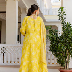 Elegant Yellow Cotton Embroidered Anarkali With Dupatta Set (Plus Size)