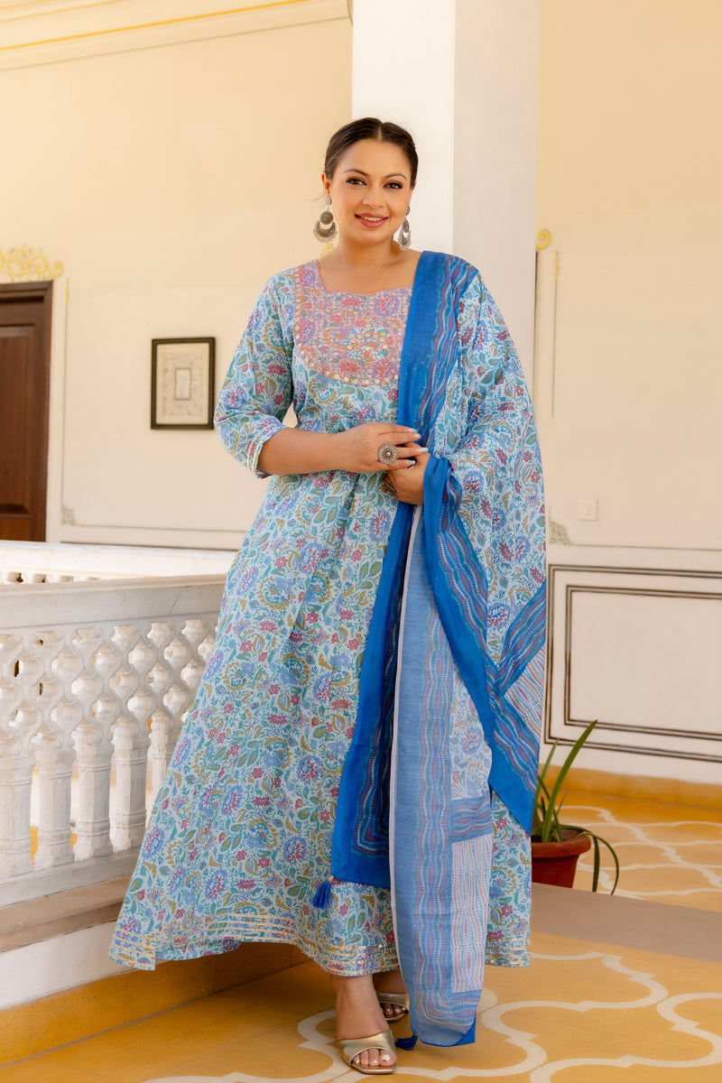 Elegant Sky Blue Cotton Embroidered Anarkali With Dupatta Set (Plus Size)