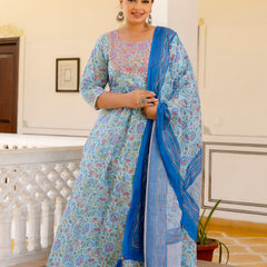 Elegant Sky Blue Cotton Embroidered Anarkali With Dupatta Set (Plus Size)