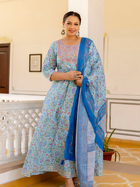 Elegant Sky Blue Cotton Embroidered Anarkali With Dupatta Set (Plus Size)