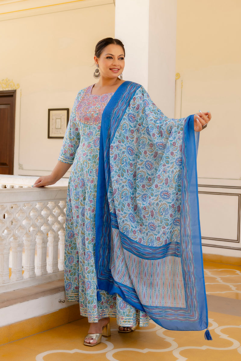Elegant Sky Blue Cotton Embroidered Anarkali With Dupatta Set (Plus Size)