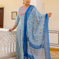 Elegant Sky Blue Cotton Embroidered Anarkali With Dupatta Set (Plus Size)
