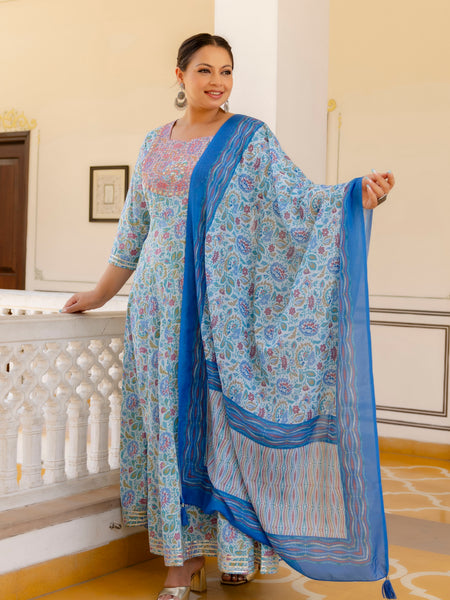 Elegant Sky Blue Cotton Embroidered Anarkali With Dupatta Set (Plus Size)