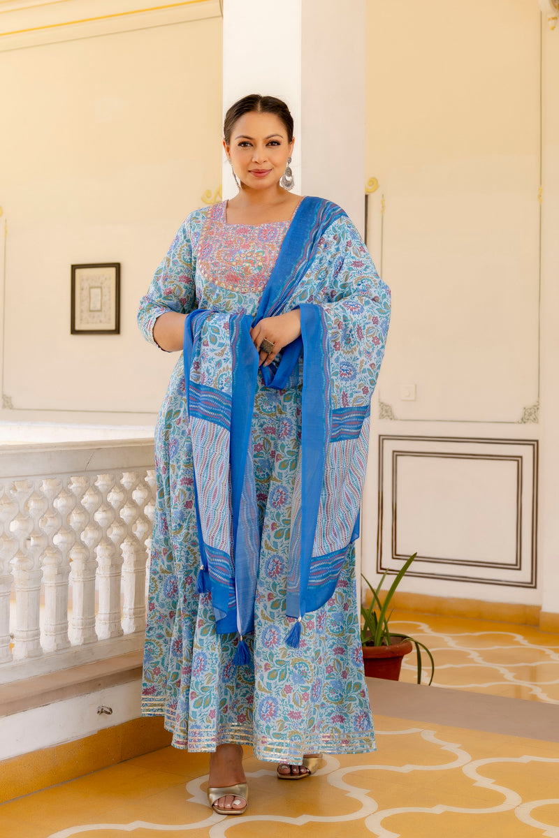 Elegant Sky Blue Cotton Embroidered Anarkali With Dupatta Set (Plus Size)