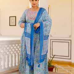 Elegant Sky Blue Cotton Embroidered Anarkali With Dupatta Set (Plus Size)