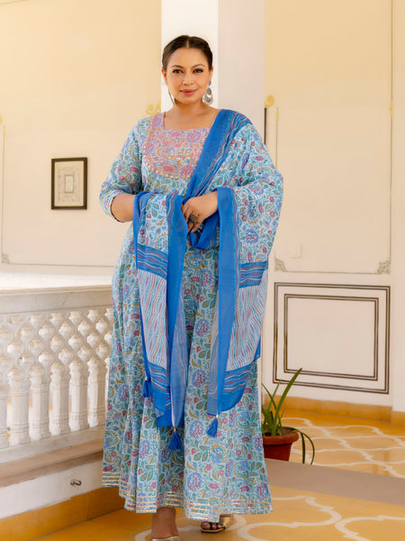Elegant Sky Blue Cotton Embroidered Anarkali With Dupatta Set (Plus Size)