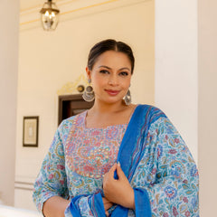 Elegant Sky Blue Cotton Embroidered Anarkali With Dupatta Set (Plus Size)