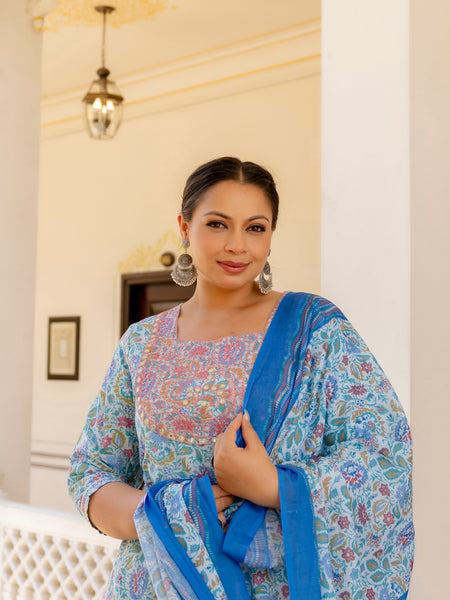 Elegant Sky Blue Cotton Embroidered Anarkali With Dupatta Set (Plus Size)
