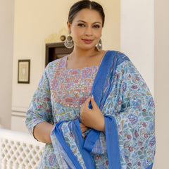 Elegant Sky Blue Cotton Embroidered Anarkali With Dupatta Set (Plus Size)