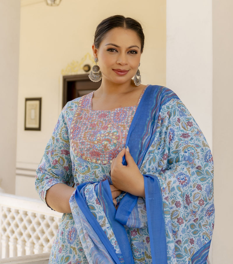 Elegant Sky Blue Cotton Embroidered Anarkali With Dupatta Set (Plus Size)
