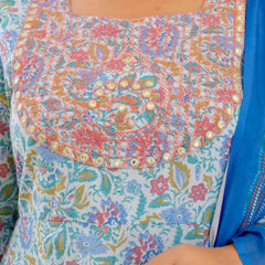 Elegant Sky Blue Cotton Embroidered Anarkali With Dupatta Set (Plus Size)