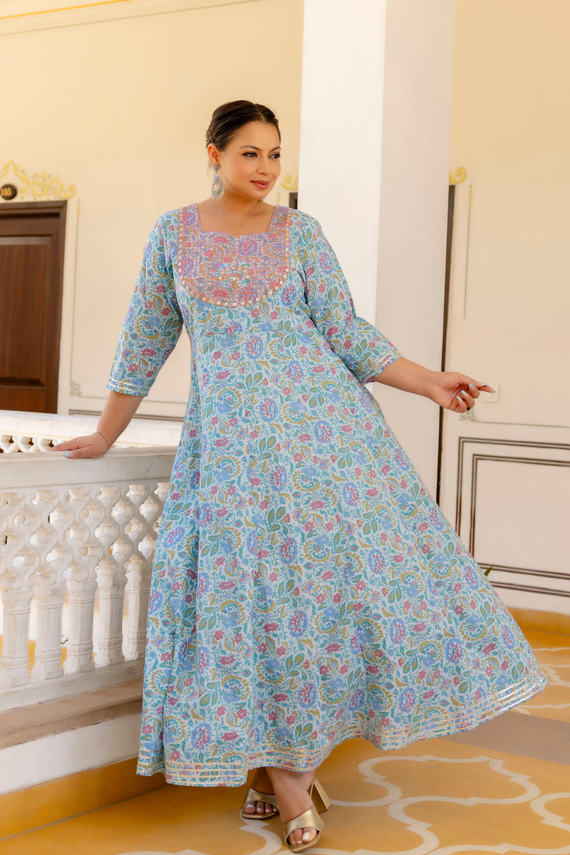 Elegant Sky Blue Cotton Embroidered Anarkali With Dupatta Set (Plus Size)
