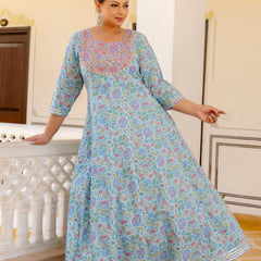 Elegant Sky Blue Cotton Embroidered Anarkali With Dupatta Set (Plus Size)