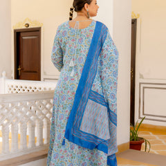 Elegant Sky Blue Cotton Embroidered Anarkali With Dupatta Set (Plus Size)