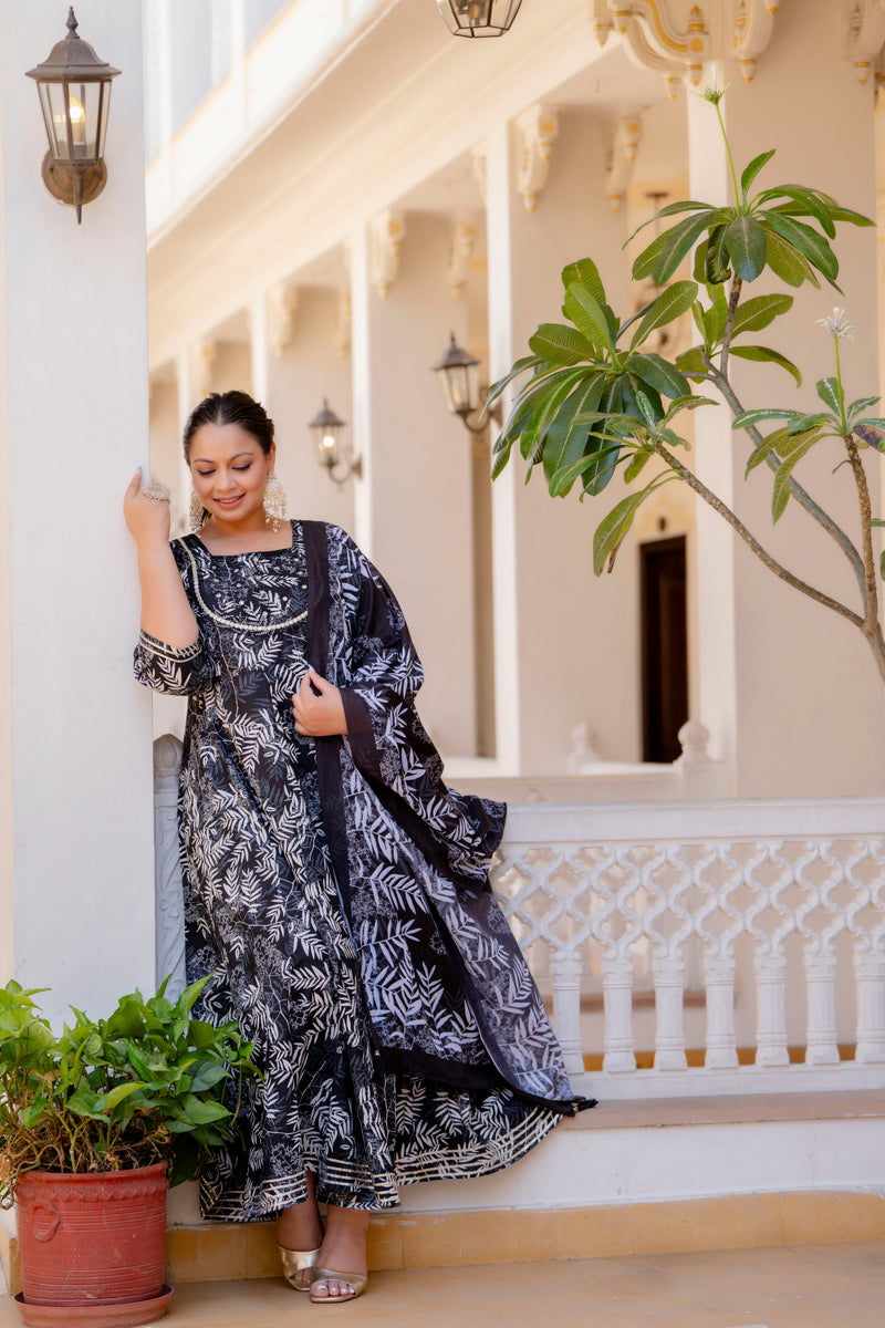 Elegant Black Cotton Embroidered Anarkali With Dupatta Set (Plus Size)