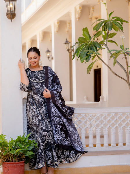 Elegant Black Cotton Embroidered Anarkali With Dupatta Set (Plus Size)