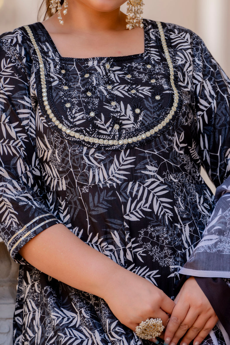 Elegant Black Cotton Embroidered Anarkali With Dupatta Set (Plus Size)