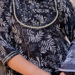 Elegant Black Cotton Embroidered Anarkali With Dupatta Set (Plus Size)