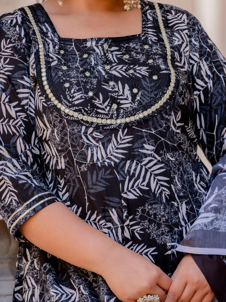 Elegant Black Cotton Embroidered Anarkali With Dupatta Set (Plus Size)