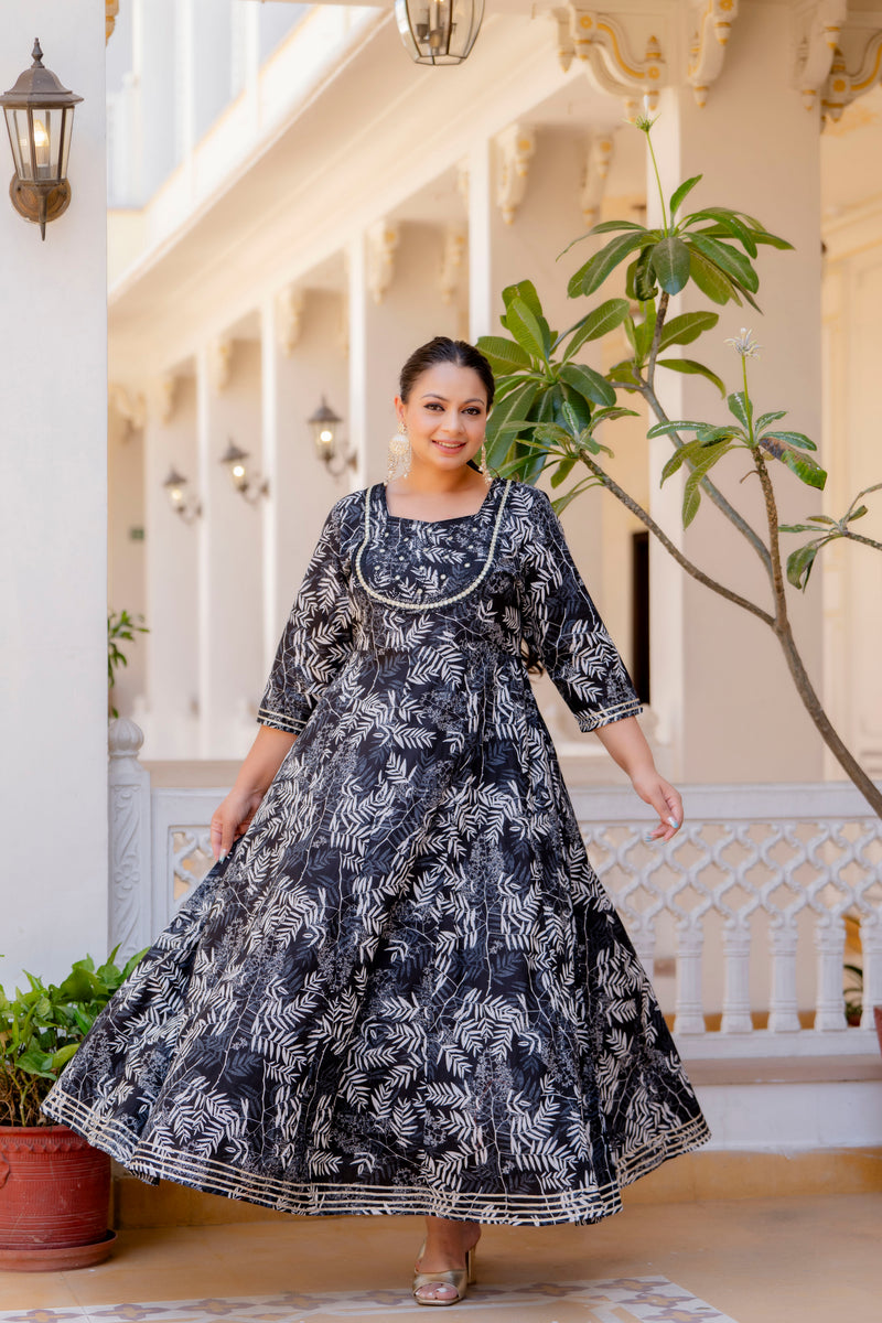 Elegant Black Cotton Embroidered Anarkali With Dupatta Set (Plus Size)