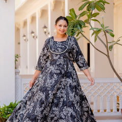 Elegant Black Cotton Embroidered Anarkali With Dupatta Set (Plus Size)