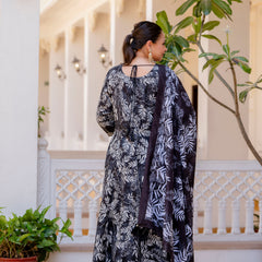 Elegant Black Cotton Embroidered Anarkali With Dupatta Set (Plus Size)