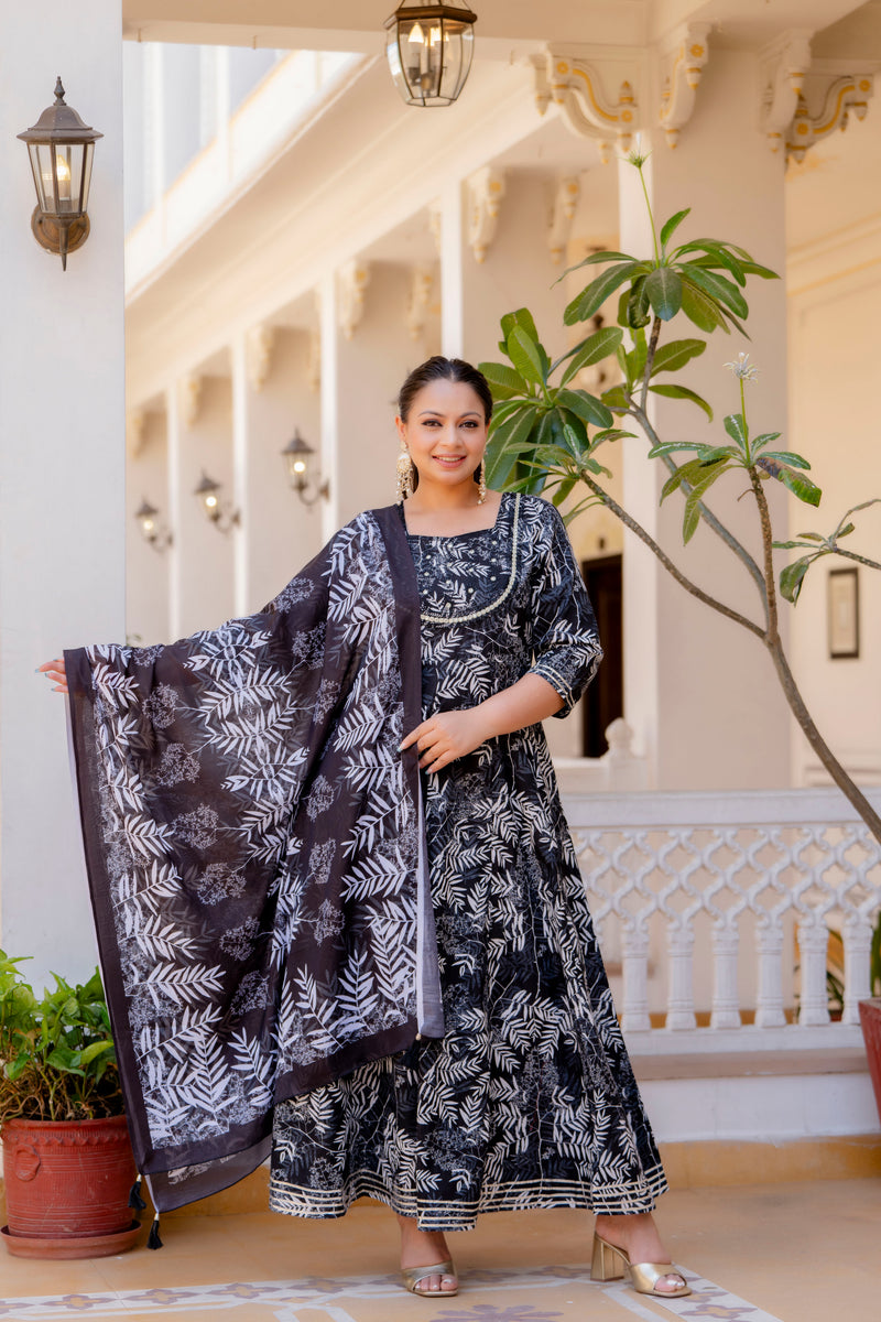 Elegant Black Cotton Embroidered Anarkali With Dupatta Set (Plus Size)