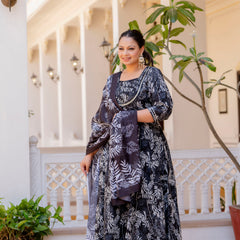 Elegant Black Cotton Embroidered Anarkali With Dupatta Set (Plus Size)