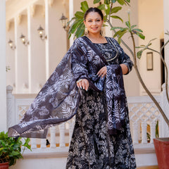 Elegant Black Cotton Embroidered Anarkali With Dupatta Set (Plus Size)