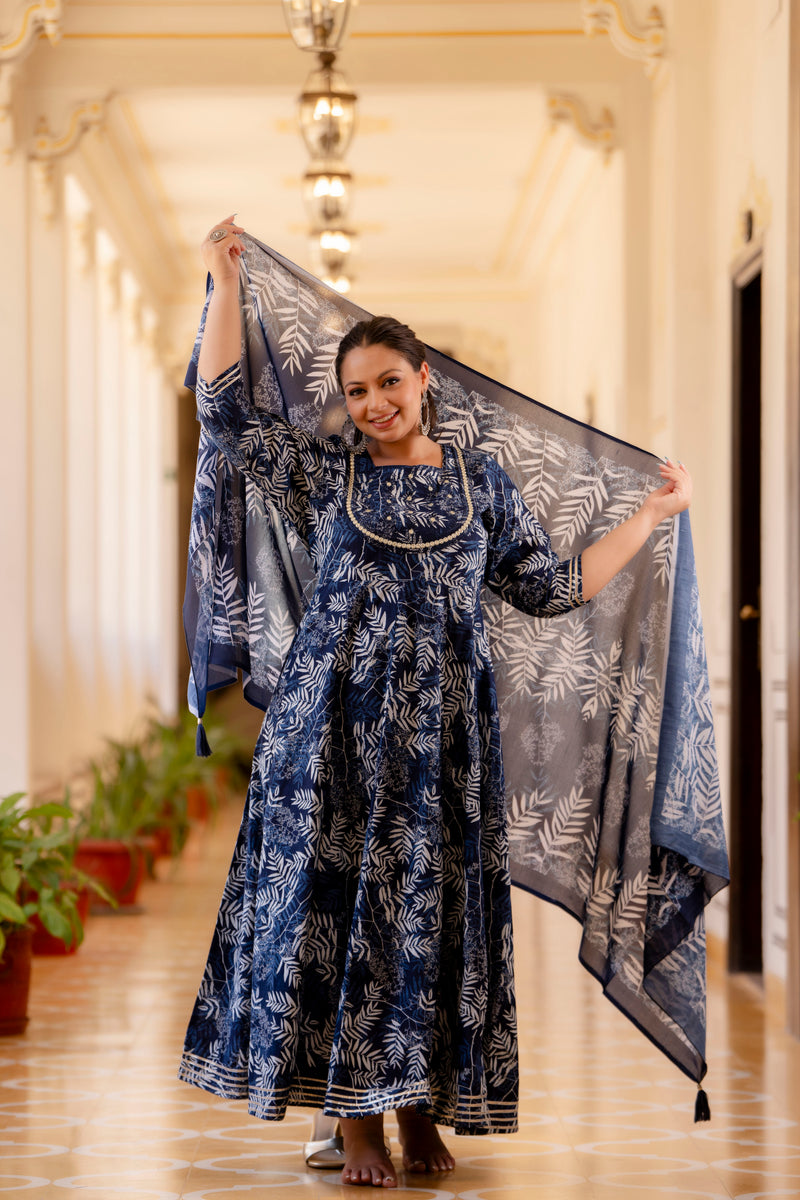 Elegant Navy Blue Cotton Embroidered Anarkali With Dupatta Set (Plus Size)