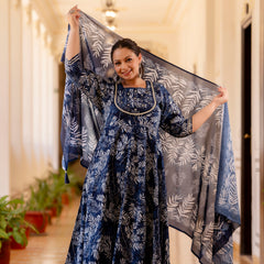 Elegant Navy Blue Cotton Embroidered Anarkali With Dupatta Set (Plus Size)