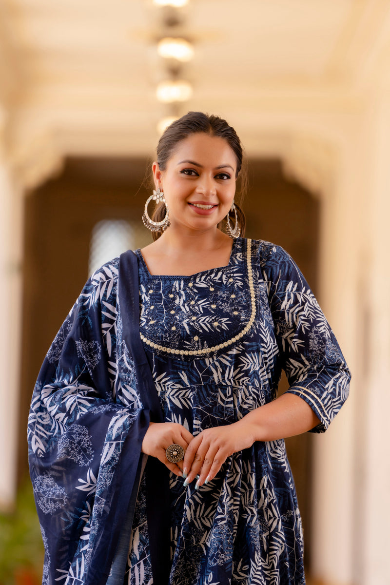 Elegant Navy Blue Cotton Embroidered Anarkali With Dupatta Set (Plus Size)