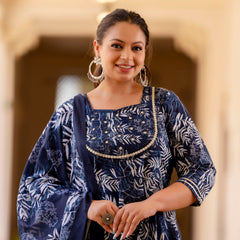 Elegant Navy Blue Cotton Embroidered Anarkali With Dupatta Set (Plus Size)