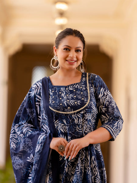 Elegant Navy Blue Cotton Embroidered Anarkali With Dupatta Set (Plus Size)