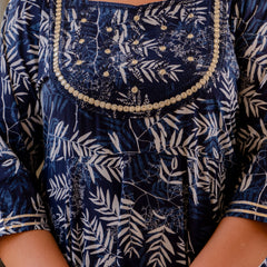 Elegant Navy Blue Cotton Embroidered Anarkali With Dupatta Set (Plus Size)