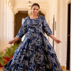 Elegant Navy Blue Cotton Embroidered Anarkali With Dupatta Set (Plus Size)