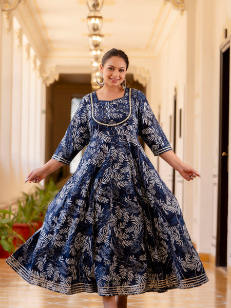 Elegant Navy Blue Cotton Embroidered Anarkali With Dupatta Set (Plus Size)