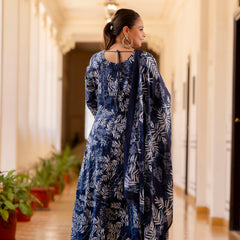 Elegant Navy Blue Cotton Embroidered Anarkali With Dupatta Set (Plus Size)