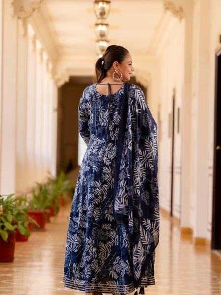 Elegant Navy Blue Cotton Embroidered Anarkali With Dupatta Set (Plus Size)