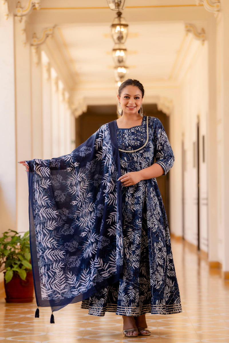 Elegant Navy Blue Cotton Embroidered Anarkali With Dupatta Set (Plus Size)